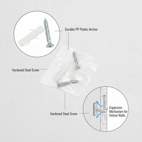 Hollow Wall Mount Kit With PP Plastic Anchors And Steel Screws For Drywall shown with expansion mechanism illustration