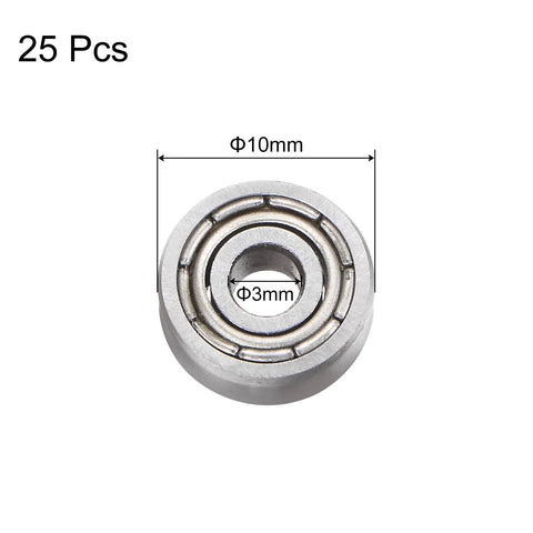 Front view of a 623ZZ deep groove ball bearing showing 3mm bore, 10mm OD, 4mm thickness, part of a pack of 25 for motors and HDDs.