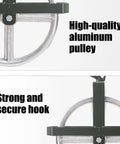 Close-up of 12 inch aluminum scaffold hoist pulley with dual sealed bearings, shown with ladder hook for safe lifting with rope.