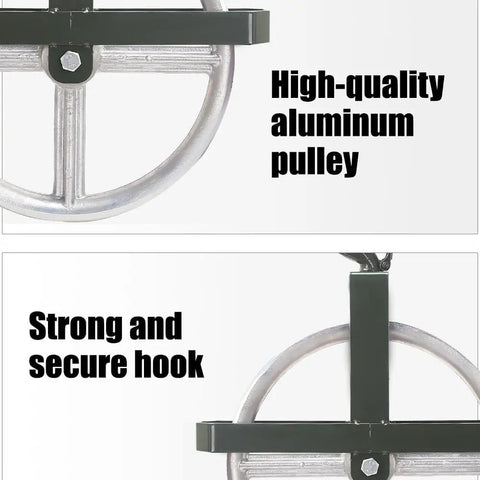 Close-up of 12 inch aluminum scaffold hoist pulley with dual sealed bearings, shown with ladder hook for safe lifting with rope.
