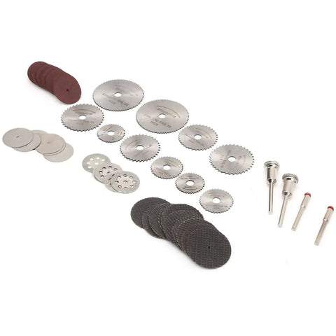 65 Piece Cutting Wheel Set For Glass Tile Metal With HSS Resin Cutters Pro Grade 8 Hole Discs displayed on a white background
