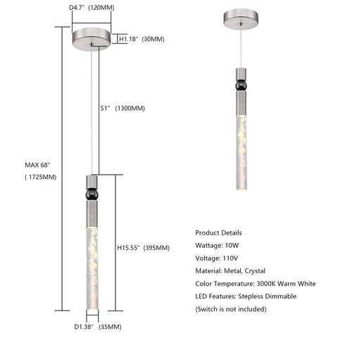 LED Pendant Lights Cylinder Crystal Fixtures With 10W Integrated LED 3000K Warm Light Sleek Stepless Dimming dimensions