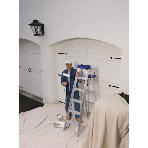 AS2108 Aluminum Stepladder With 250-Pound Duty Rating, 8 Foot Reach, Lightweight Yet Sturdy Workhorse, Anti Slip Feet With Thick Rubber Treads, Pro Top Design For Safer Home And Jobsite Use, man painting garage door