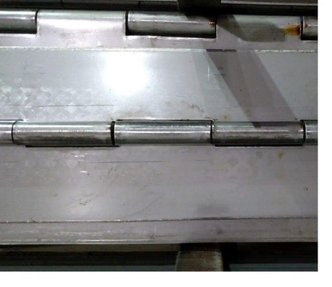 Kickass Heavy Duty Stainless Steel Continuous Piano Hinge Black Mill Finish 0.12 Thick 0.25 Pin 4 Wide close-up view of hinge details.