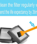 Two HEPA filters with cleaning brush from All-In-One Roomba Replacement Brush Kit With Multi-Surface Rubber Brushes, Three HEPA Filters And Six Edge-Sweeping Parts For I7, I7 Plus, E5, E6 Vacuum Cleaners Easy Snap-In Upgrade