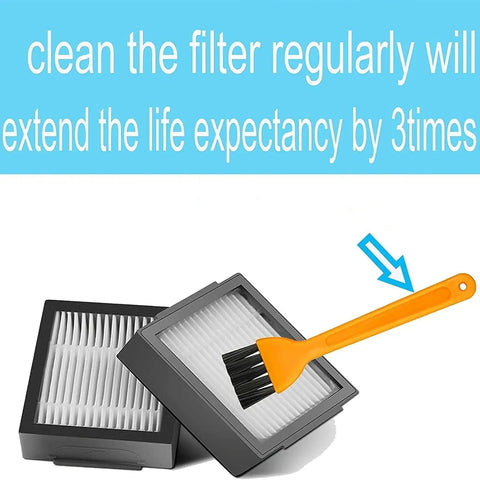 Two HEPA filters with cleaning brush from All-In-One Roomba Replacement Brush Kit With Multi-Surface Rubber Brushes, Three HEPA Filters And Six Edge-Sweeping Parts For I7, I7 Plus, E5, E6 Vacuum Cleaners Easy Snap-In Upgrade