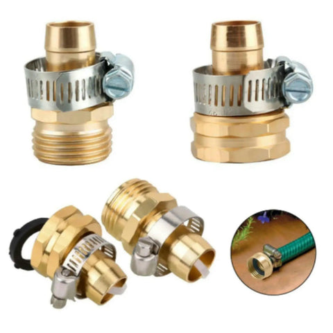 Heavy Duty Garden Hose Repair Connector Set With Clamps Aluminum Quick Connect Fittings For Three Quarter Inch And Five Eighth Inch Hoses, Includes Male And Female Adapters, Rust Resistant, Two Sets With Washers