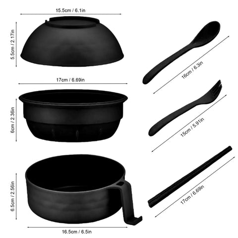 Dimensions and components of New 3 In 1 Microwave Ramen Cooker Bowl With Lid For Instant Soup Pasta And Rice Maker; black color.