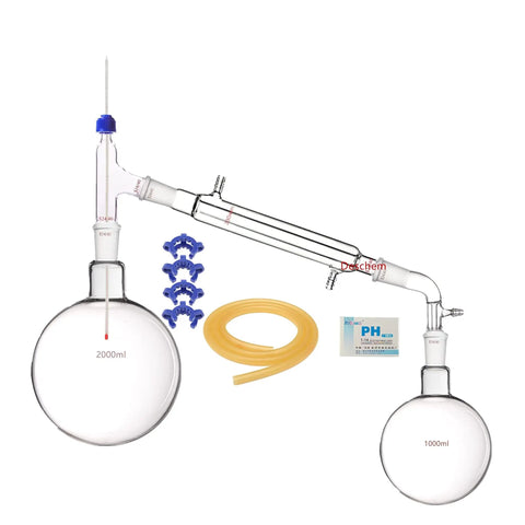 2000ml 24/40 Borosilicate Glass Distillation Apparatus Lab Kit showing two glass flasks and accessories for chemistry use