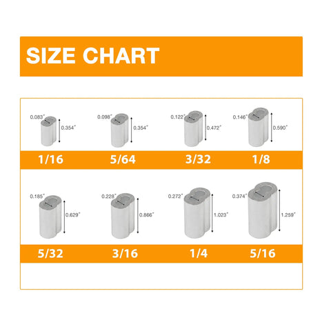 Size chart for 100 Pack Aluminum Hourglass Crimping Loop Sleeves For 3/32 Inch Wire Rope Mechanical Cable Fittings.