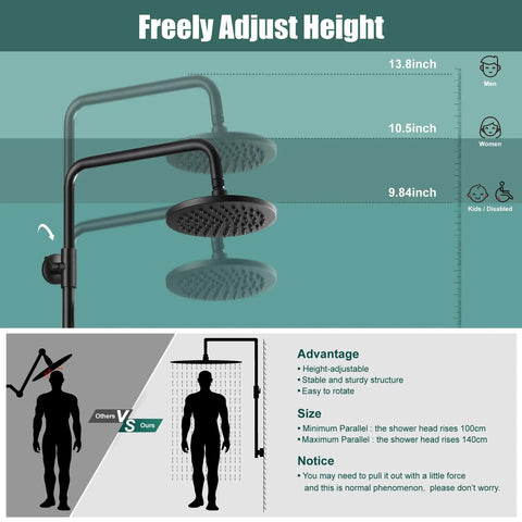 Adjustable height diagram of Matte Black Exposed Pipe Shower System With 8 Inch Rain Shower Head And Brass Fixture Dual Function Shower Faucet