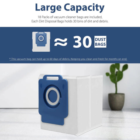 26 Pack Replacement Vacuum Bags For Compatible Robotic Vacuum Cleaners With Clean Base Automatic Dirt Disposal Fits I Series And S Series Models Like I7 I7Plus I8 I8Plus I3 I3Plus I4 I4Plus I6 I6Plus J7 J7Plus S9 S9Plus, showing large capacity feature with estimated 30 dust bags equivalent.