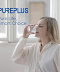 Person drinking water next to text 'PUREPLUS Pure Life, Smart Choice', related to CRF950Z Pitcher Water Filter Replacement.
