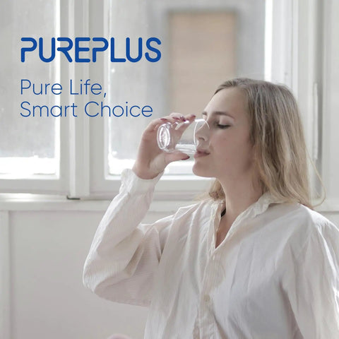 Person drinking water next to text 'PUREPLUS Pure Life, Smart Choice', related to CRF950Z Pitcher Water Filter Replacement.