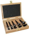 Workhorse 5 Piece Wave Cutter Forstner Drill Bit Set Metric Sizes 15 To 35 Millimeters High Speed Steel in wooden box.
