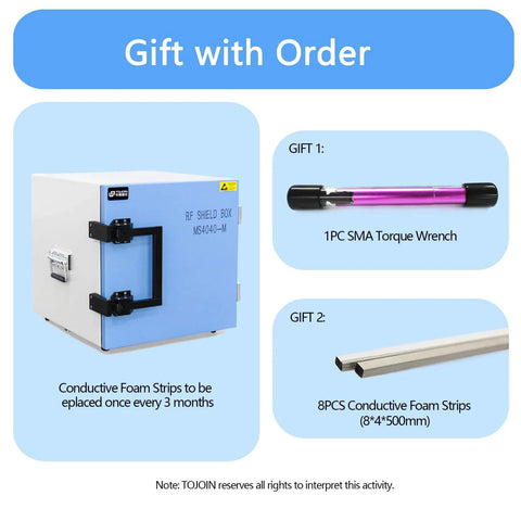 Pro Grade RF Shield Box 0.8-8 GHz Manual Shield Chamber with cooling fan, SMA torque wrench, and conductive foam strips gift set.