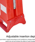 Close-up of the red base of Dual Cylinder Seed And Fertilizer Seeder For Gardens showing adjustable insertion depth feature.