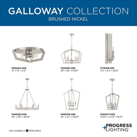 Galloway Collection showcasing various brushed nickel lighting including 2 Light Modern Farmhouse Flush Mount Ceiling Light In Brushed Nickel With Grey Washed Oak Accents Perfect For Hallways Bedrooms And Foyers Delivering Warm Ambient Illumination For Coastal And Rustic Interiors