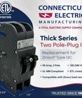 Top Shelf 50 Amp 2 Pole Circuit Breaker For Zinsco Panels Etl Certified Knockout Replacement showing detailed dimensions and features.