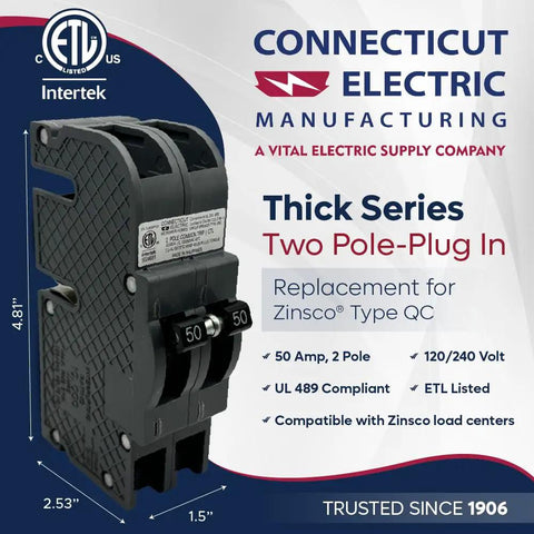 Top Shelf 50 Amp 2 Pole Circuit Breaker For Zinsco Panels Etl Certified Knockout Replacement showing detailed dimensions and features.