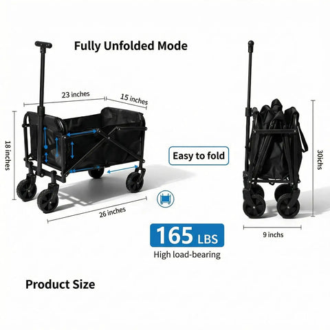 80L Foldable Wagon Cart With All Terrain Wheels in unfolded and folded modes, dimensions and easy storage features shown