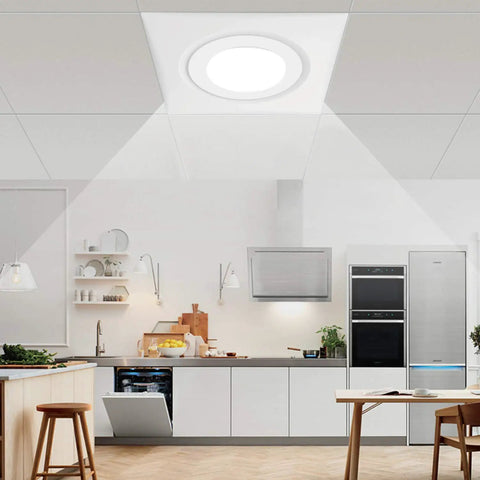 Modern kitchen with 4 Inch Wall Mount Exhaust Fan With Light For Bathroom Kitchen Garage Ultra Quiet 55 CFM Ventilation on ceiling.