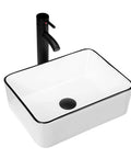 Rectangle Vessel Sink With Faucet In White Porcelain Above Counter Bathroom Basin With Black Edge Modern 16 By 12 Inch Vanity Countertop Sink