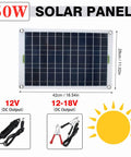 50W solar panel with specifications for 12V and 12-18V output, ideal for powering Heavy Duty 50W Solar Fountain Pump for outdoor use.