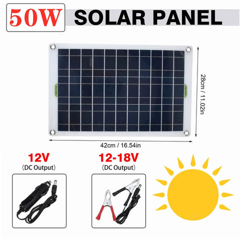 50W solar panel with specifications for 12V and 12-18V output, ideal for powering Heavy Duty 50W Solar Fountain Pump for outdoor use.