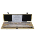 Heavy Duty Gauge Block Set Featuring Eight Hardened Tool Steel Setup Bars Spanning 125 To 500 Mm in a wooden case with certificate.