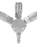 Three Way Air Hose Manifold Quick Coupler Connector Adapter Splitter For Pneumatic Tools One Quarter Inch Female NPT Fast Connect Easy Remove Durable Metal Build For Long Life front view