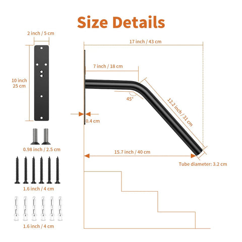 Size details of Sturdy Outdoor Stair Handrail Built Tough For One To Two Steps delivering slip resistant grip and foolproof stability.