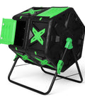 Image of Dual Chamber 140L Tumbling Compost Bin with green accents for easy batch composting, showing its sturdy stand and chamber openings.