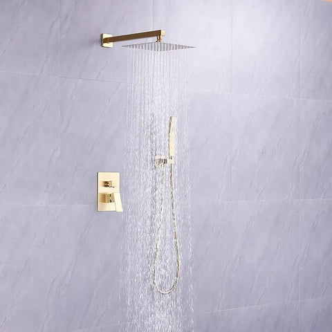 Dope Brushed Gold 10-Inch Rainfall Shower System With Wall Mounted Rain Head And Handheld Combo Rough-In Valve Body And Trim Included