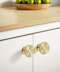 Gold Cabinet Knobs 10 Pack Brushed Brass Dresser Hardware Zinc Alloy Round Vintage Drawer Pulls installed on white cabinet
