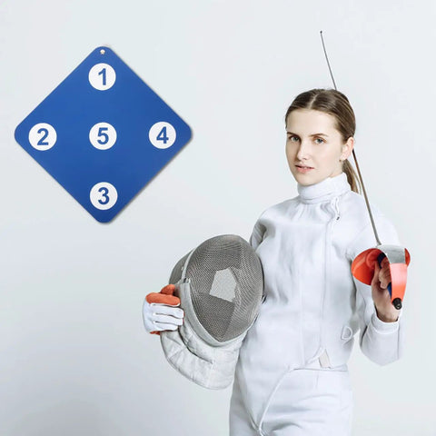 Fencer with gear beside Five Target Fencing Practice Pad For Foil And Epee Wall Mounted Striking Target Gear For Home Gym Training