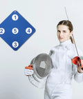 Fencer with saber beside 13 Inch Rubber Fencing Target For Saber Foil And Epee Training Self Practice Indoor Outdoor Use Thick Durable Rubber