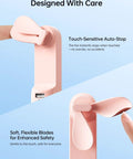 Close-up of touch-sensitive blades on 3 In 1 Pocket Handheld Mini Fan With Built In Power Bank And Flashlight USB Rechargeable, pink.