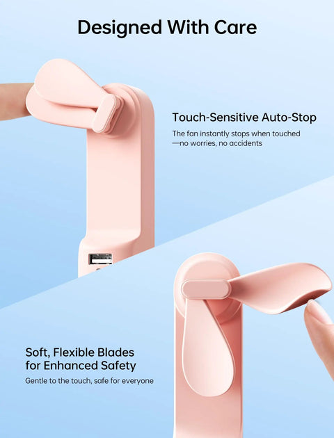 Close-up of touch-sensitive blades on 3 In 1 Pocket Handheld Mini Fan With Built In Power Bank And Flashlight USB Rechargeable, pink.