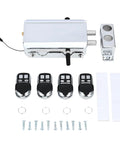 Legit Smart Hidden Deadbolt Electronic Keyless Lock With Remote Control And Smartphone App Access For Totally Invisible Zero Hassle Home Security Game Changer parts and remote controls on a white background.