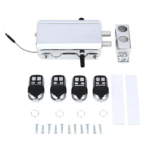 Legit Smart Hidden Deadbolt Electronic Keyless Lock With Remote Control And Smartphone App Access For Totally Invisible Zero Hassle Home Security Game Changer parts and remote controls on a white background.