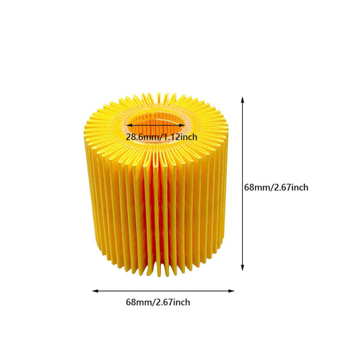 Yellow oil filter with dimensions, part of Oil Filter Replacement For Toyota Camry RAV4 Sienna Highlander Avalon ES300h ES350 IS200t RX350 RX450h NX200t And More 04152-YZZA1 04152-31090 04152-YZZG1 DIY Friendly Easy Install Pack Of Four Built To Last.