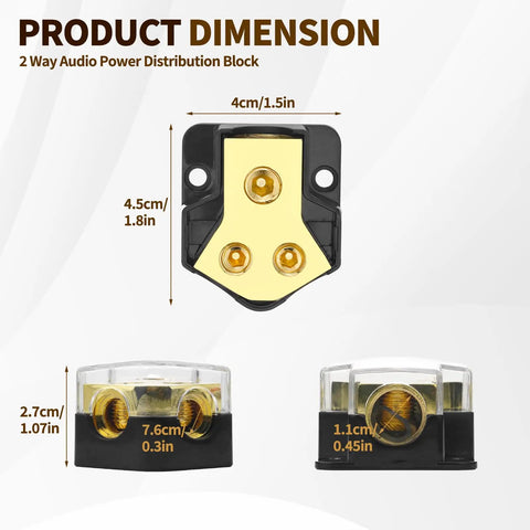 Two Way Power Distribution Block for Car Audio Dual 12V Distribution Block With Input 0 2 4 Gauge And Output 4 8 10 Gauge Grounded Amplifier Distributor With Transparent Cover 2 Pack, 4cm wide