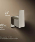 Dimensions of Honesty Robe Hook In Brushed Nickel For Bathroom Storage And Towel Organization showing length and depth.