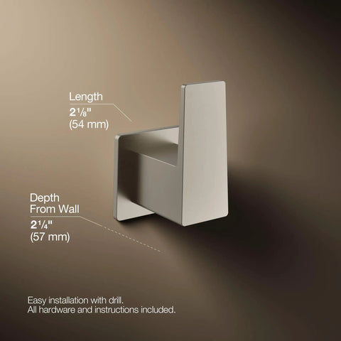 Dimensions of Honesty Robe Hook In Brushed Nickel For Bathroom Storage And Towel Organization showing length and depth.