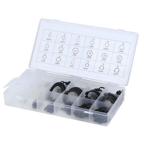 External Circlip Snap Retaining Clip Kit with 2mm to 32mm range, 300pcs beefy hardened steel E clip assortment in storage case.