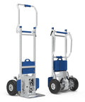 Front and side views of electric stair-climbing hand truck with blue accents and large wheels.