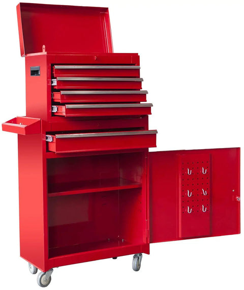Rolling Garage Workshop Tool Organizer With Detachable Four Drawer Chest Large Storage Cabinet And Adjustable Shelves Lockable Steel Construction Red Finish Built For Heavy Duty Tool Storage And Quick Access In Any Shop