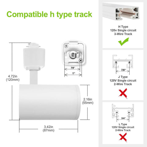 Arcfox 7W 3000K LED Track Lighting Heads Dimmable 3 Wire Single Circuit H Type dimensions and compatibility guide