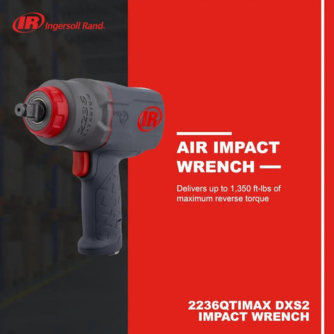 2236QTiMAX One Half Inch Drive Air Impact Wrench For Heavy Duty Automotive And Industrial Jobs Up To 1500 Ft-Lbs Breakaway Torque Built Tough For Real World On The Job Assembly Disassembly And Suspension Work. Gray and red air impact wrench shown front view.